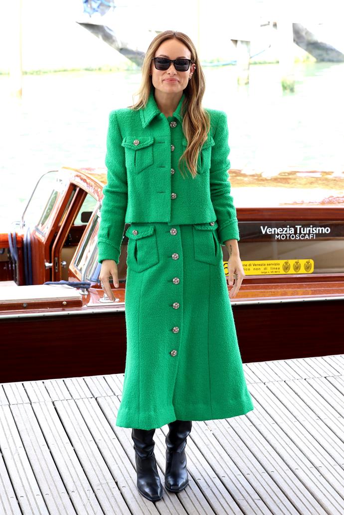 Stepping off the boat at the Venice Film Festival photo call, this deep green, two-piece set from Chanel was a show-stopper. 
<br><br>
The signature Chanel tweed and military buttons were very much giving girlboss, which is the energy she needed as the director of the movie.