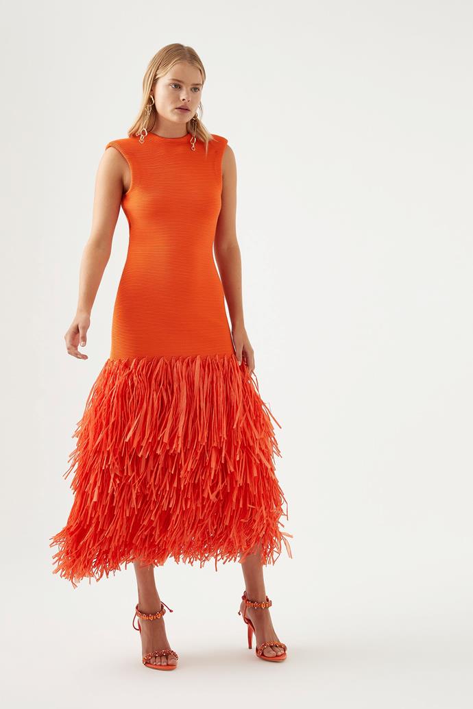 Rushes Raffia Knit Midi Dress, $525 from [Aje](https://ajeworld.com.au/collections/sculptura-23/products/rushes-raffia-knit-midi-dress-orange|target="_blank"|rel="nofollow")