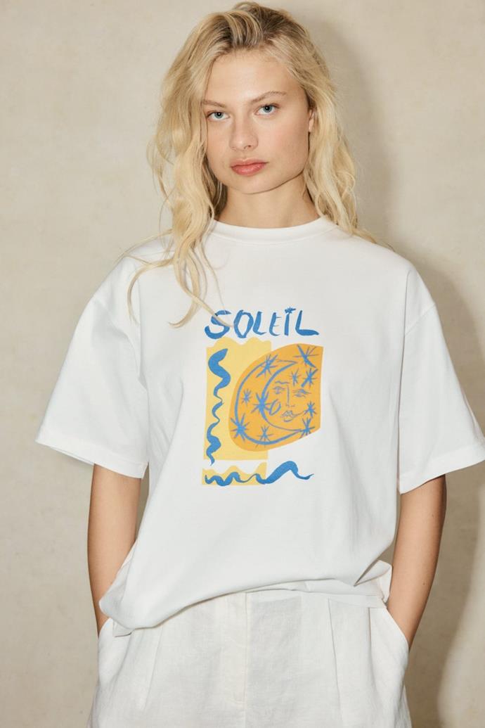 For the long days at the beach ahead, we're investing in a one-and-done white t-shirt that we can style down with bikinis and sandals or up with a mini skirt for when those balmy days turn into boozy nights. The top of our list? This sun-drenched and high-octane piece from emerging label ALÉMAIS. This print is slightly nostalgic and reminds us of the South of France—what's not to love?
<br><br>
**Soleil Stars And Moon Tee**, $165 at [**ALÉMAIS**](https://alemais.com/collections/collection-08-resort-23/products/soleil-stars-and-moon-tee|target="_blank"|rel="nofollow")
