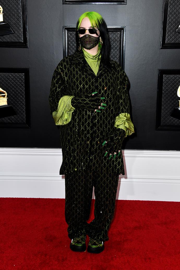Billie Eilish wearing custom Gucci to the 2020 Grammy Awards.