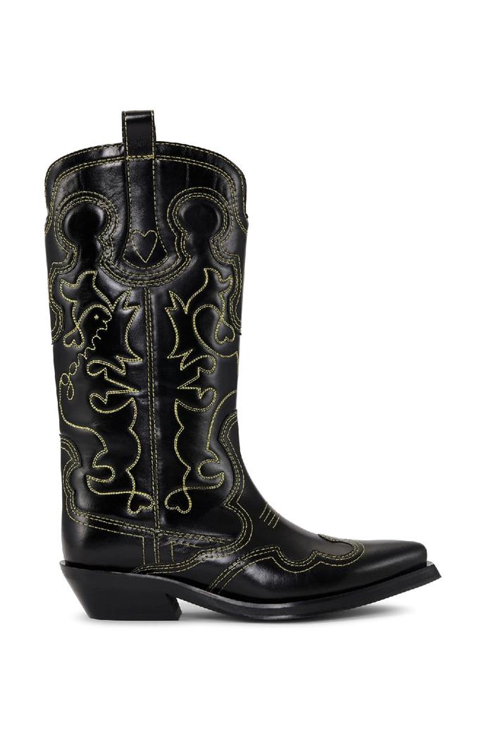 This one is one the pricier side, but well worth investing in. This year has proven that [cowboy boots](https://ellaau.com/fashion/best-cowboy-boots-25744|target="_blank") should not just be reserved for Rodeo themed dress up parties or weekends at your ranch à la [Kendall Jenner.](https://ellaau.com/fashion/cowboy-fashion-26144|target="_blank"|rel="nofollow") Thankfully, Ganni has restocked their cult-favourite and celebrity-approved Cowboy boot just in time for mini dress season. Obsessed is an understatement, but be quick because they won't have your size for long. 
<br><br>
**Embroidered Western Boots**, $945 at **[Ganni](https://www.ganni.com/en-au/embroidered-western-boots-S1932.html?dwvar_S1932_color=Black%2FYellow|target="_blank"|rel="nofollow")**