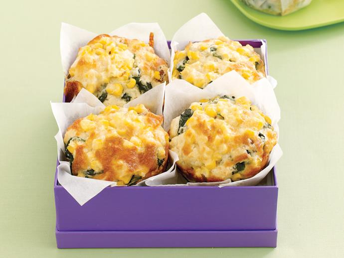 **[Corn, spinach and bacon muffins](https://www.womensweeklyfood.com.au/recipes/corn-spinach-and-bacon-muffins-26885|target="_blank")**

These hearty savoury muffins are great for lunchboxes, morning tea and even breakfast on the run.
