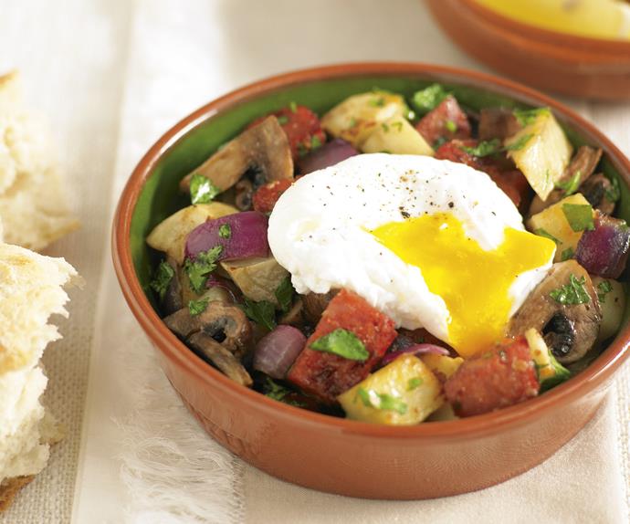 Chorizo Hash with Poached Eggs