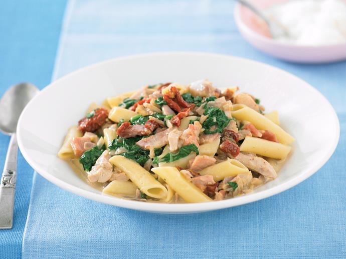 **[Roast chicken pasta](https://www.womensweeklyfood.com.au/recipes/roast-chicken-pasta-21748|target="_blank")**

Use precooked chicken and sun-dried tomatoes which omits the need to cook a tomato sauce, without sacrificing any of the flavour.