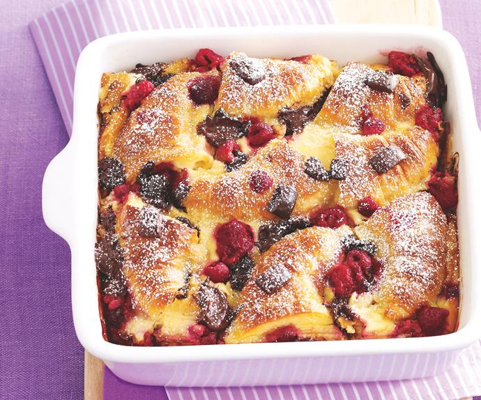 Chocolate and raspberry croissant pudding
