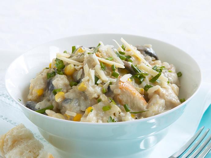 **[Creamy chicken, corn and mushroom risotto](https://www.womensweeklyfood.com.au/recipes/creamy-chicken-corn-and-mushroom-risotto-16108|target="_blank")**