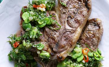 Grilled lamb chops with broad bean vinaigrette