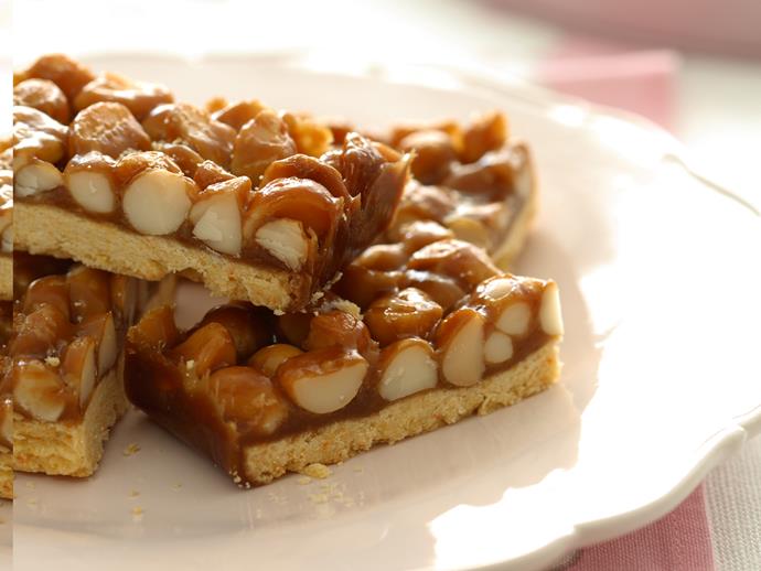 **[Nutty caramel slice](https://www.womensweeklyfood.com.au/recipes/nutty-caramel-slice-27059|target="_blank")**

Smooth, creamy caramel is swirled with roasted almonds and drizzled on top a golden, crumbly base.