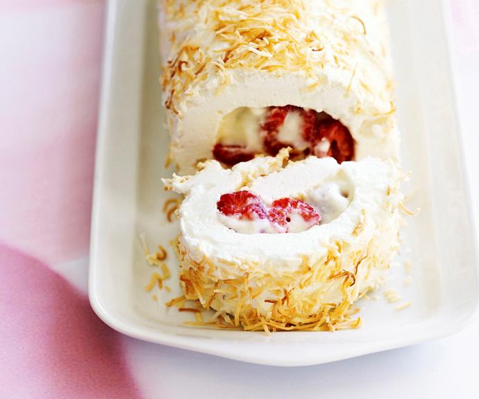 Coconut and raspberry roulade