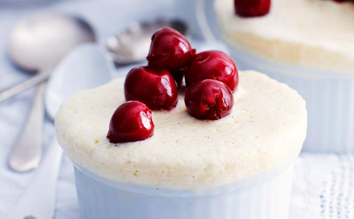 Frozen Vanilla Souffle with brandied cherries