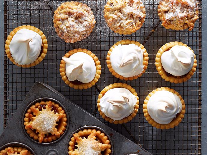 **Mince pies three ways**
<br><br>
Unleash your creativity whipping up these minced fruit and nut pies with a brandy kick. They can be shaped into stars, snowflakes or topped with sweet meringue to offer something for everyone at your next special social gathering.
<br><br>
[**Read the full recipe here**](https://www.womensweeklyfood.com.au/recipes/mince-pies-three-ways-28016|target="_blank") 

