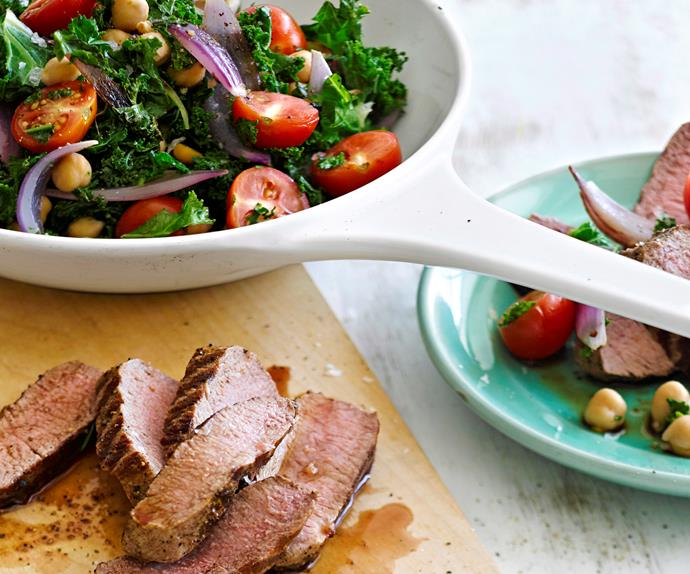 Peppered lamb with kale and chickpeas