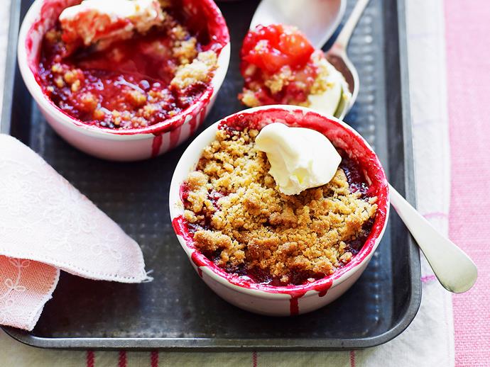 **[Plum crumbles](https://www.womensweeklyfood.com.au/recipes/plum-crumbles-28171|target="_blank")**

Starring sweet, seasonal fruit and coconut, these crunchy baked crumbles turn out as comforting winter warmers. Or try them with custard as a substitute for traditional festive season pudding.