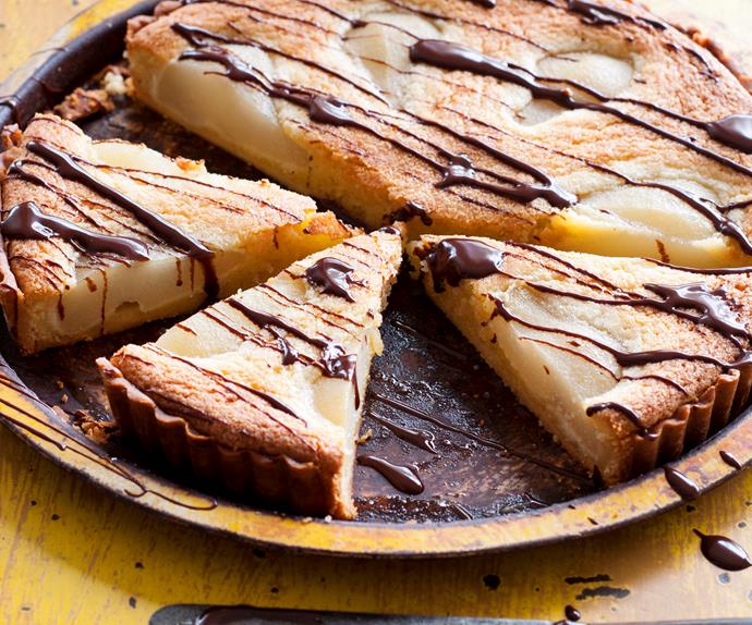 Poached pear tart with warm chocolate sauce