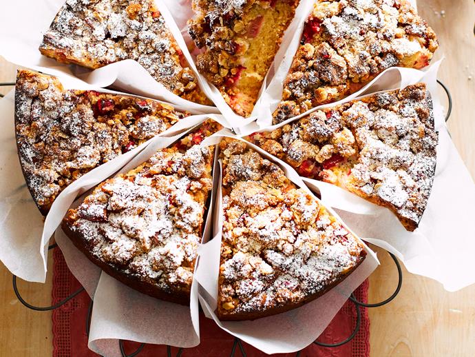 **[Rhubarb crumble cake](https://www.womensweeklyfood.com.au/recipes/rhubarb-crumble-cake-27116|target="_blank")**

Rich, tart rhubarb with rolled oats and cinnamon makes this classic British cake an even more comforting winter treat.