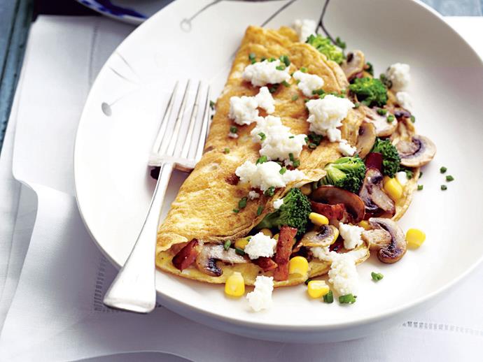 **[Bacon, corn, chive and ricotta omelettes](https://www.womensweeklyfood.com.au/recipes/bacon-corn-chive-and-ricotta-omelettes-23821|target="_blank")**

A simple and healthy breakfast for when you've got a little more time to spend cooking.