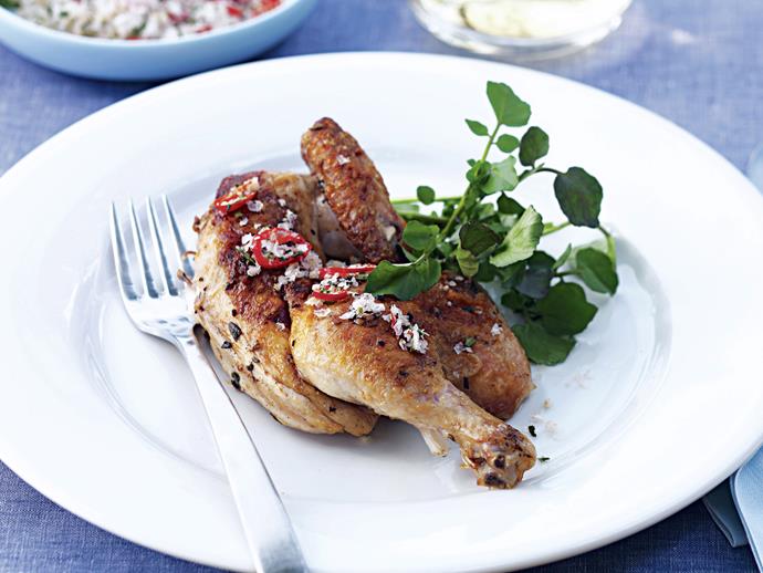 **[Barbecued spatchcocks with garlic chilli and herb salt](https://www.womensweeklyfood.com.au/recipes/barbecued-spatchcocks-with-garlic-chilli-and-herb-salt-27132|target="_blank")**

Prepare these succulent spatchcocks in advance then give them a spicy and herbaceous kick to make them dinner worthy for any occasion.