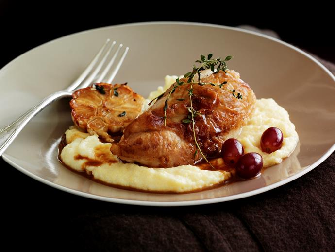 **[Chicken with brandy and grapes on soft polenta](https://www.womensweeklyfood.com.au/recipes/chicken-with-brandy-and-grapes-on-soft-polenta-28270|target="_blank")**

Enjoy this brandy sauce as it soaks from the juicy chicken into the smooth bed of polenta underneath.
