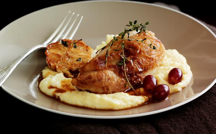 Chicken with Brandy and Grapes on Soft Polenta