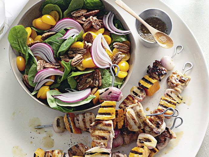 **[Maple-glazed chicken, shallot and kumara skewers](https://www.womensweeklyfood.com.au/recipes/maple-glazed-chicken-shallot-and-kumara-skewers-28334|target="_blank")**

Wow family and friends at your next summer dinner party with these chicken and sweet potato-like kumara skewers, brushed with a mix of sugary maple syrup. pungent mustard and sour cider vinegar. Round it out with a healthy spinach pecan salad.