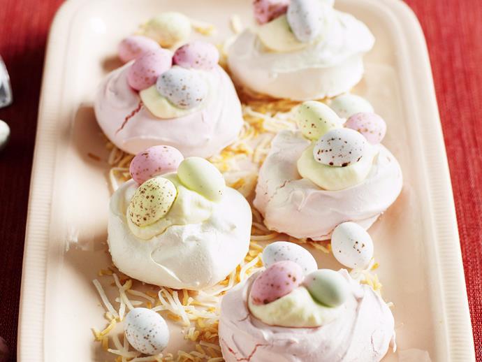 These **[Mini meringue egg nests](https://www.womensweeklyfood.com.au/recipes/mini-meringue-nests-27921|target="_blank")** are filled with cream then topped with sugar-coated eggs.