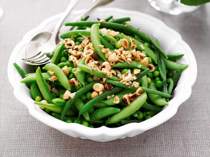 **[Peas and beans with hazelnuts](https://www.womensweeklyfood.com.au/recipes/peas-and-beans-with-hazelnuts-27678|target="_blank")**

You won't have to force yourself to eat these greens! Taking less than thirty minutes to cook these beans and peas are enhanced with garlic and butter and topped off with crunchy hazelnuts.