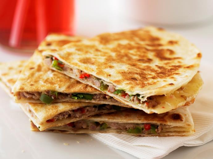 **[Pork and cheese quesadillas with guacamole](https://www.womensweeklyfood.com.au/recipes/pork-and-cheese-quesadillas-with-guacamole-28287|target="_blank")**

Take your taste buds to Mexico for lunch or kick start a social gathering with these spicy pork and cheese tortillas.