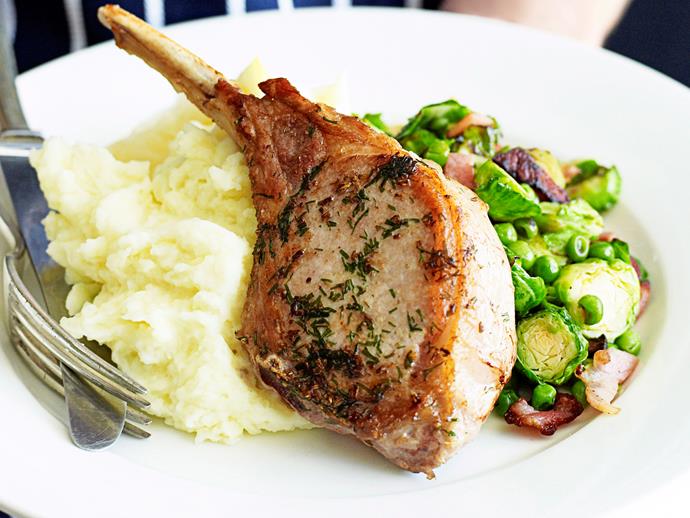 **[Pork cutlets with bacon, brussels sprouts and peas](https://www.womensweeklyfood.com.au/recipes/pork-cutlets-with-bacon-brussels-sprouts-and-peas-28283|target="_blank")**

With such creamy mashed potato, crunchy bacon and juicy pork cutlets no kids will be complaining about the flavoursome addition of brussels sprouts.