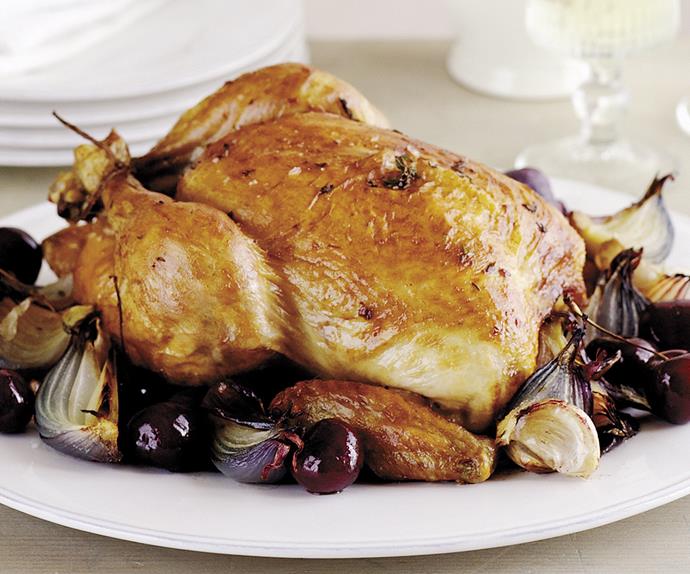 Roast Chicken with Red Onion, Garlic and Cherries