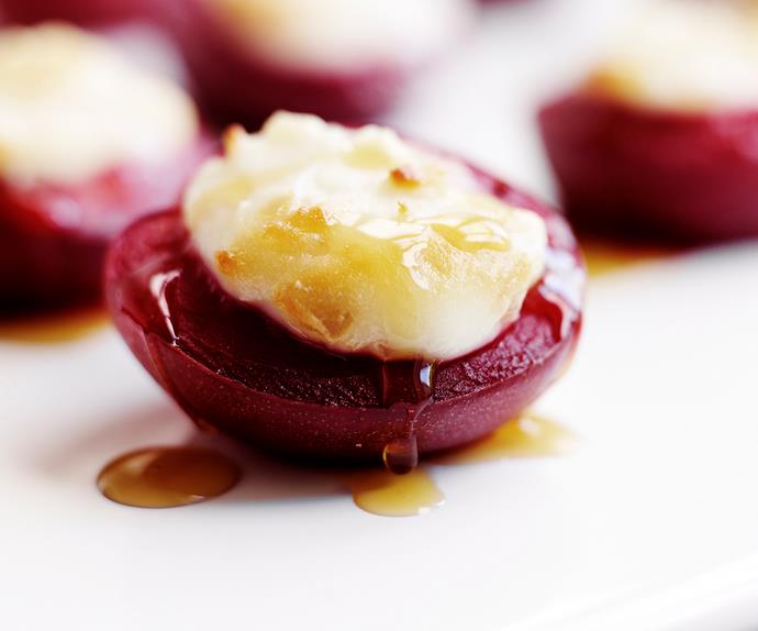 Roasted Plums with Goat's Cheese and Preserved Ginger