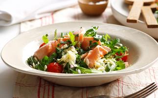 Poached Salmon with Asaparagus, Rocket and Risoni Salad
