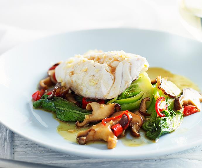 Steamed fish with bok choy and mushrooms
