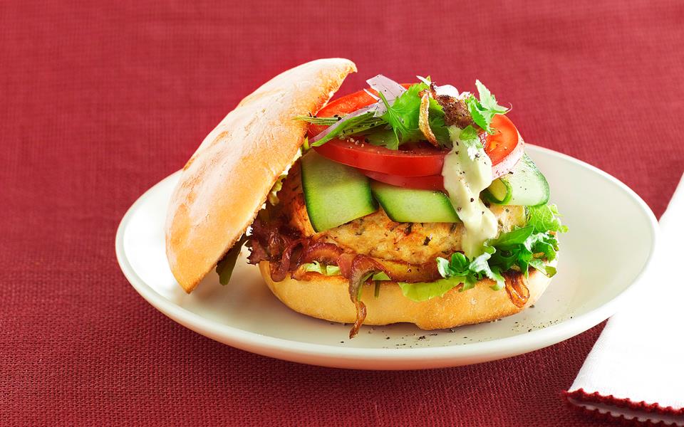 Lemon chicken burgers with caramelised onion recipe | FOOD TO LOVE