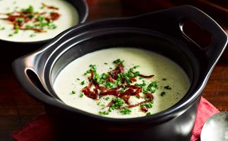 Potato and roasted fennel soup with crispy prosciutto