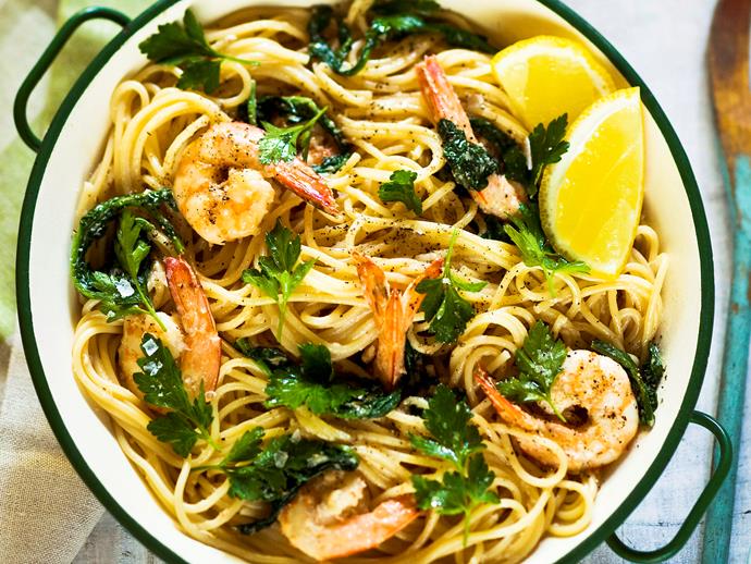 **[Garlic prawn, white wine and rocket spaghetti](https://www.womensweeklyfood.com.au/recipes/garlic-prawn-white-wine-and-rocket-spaghetti-26719|target="_blank")**

Packed full of flavour, this tasty prawn pasta dish, tossed in a fragrant white wine sauce, is quick to make and is perfect for a romantic night-in.