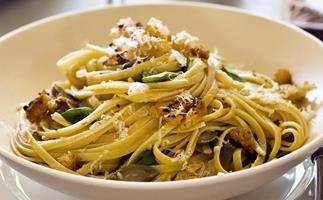 Linguine with white anchovies and sicilian olives