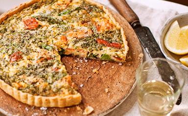 Asparagus, hot-smoked salmon, dill and chive quiche