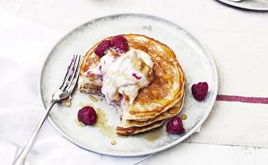 Buttermilk pancakes with raspberry ricotta and maple syrup