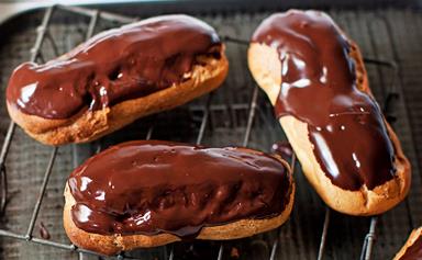 Chocolate eclairs filled with white chocolate cream