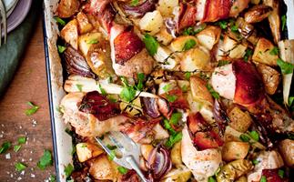 MAPLE BACON CHICKEN WITH POTATO, PARSNIP and APPLE