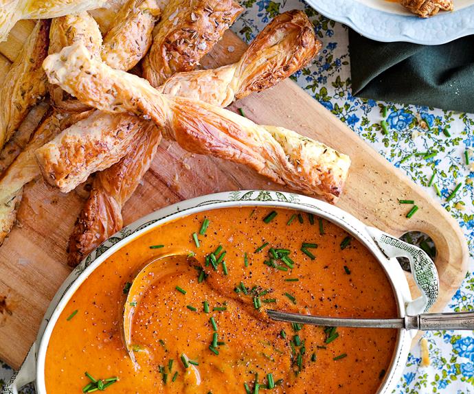 Roasted pumpkin and red capsicum soup with fennel twists