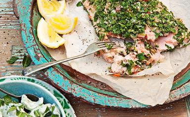 Tahini and tabouli salmon with chunky tzatziki salad