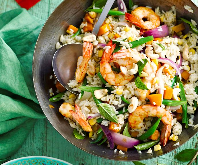 Green curry prawn, basil and cashew fried rice