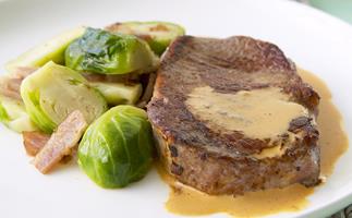 Steak with sauteed brussels sprouts