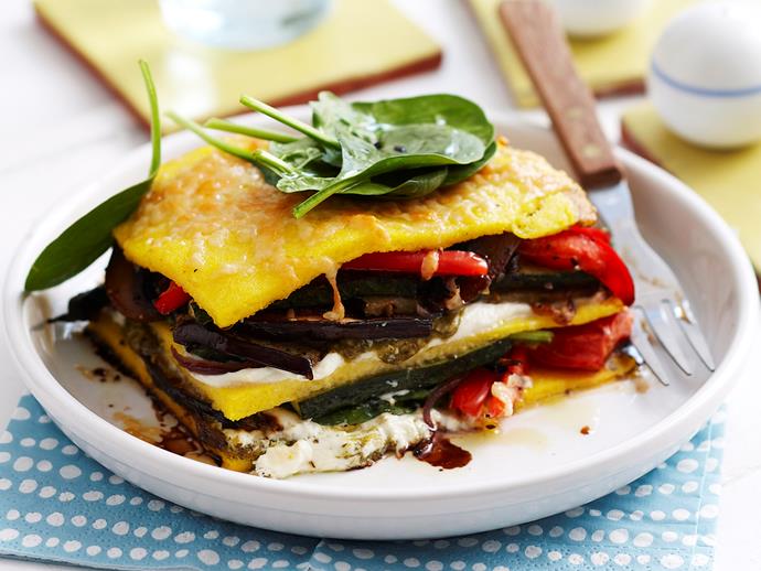 **[Roast vegetable pesto stacks](https://www.womensweeklyfood.com.au/recipes/roast-vegetable-pesto-stacks-25931|target="_blank")**

A dish worthy of being eaten breakfast, lunch or dinner; these delicious roast vegetable and pesto polenta stacks are beautiful served straight out of the oven with fresh baby spinach leaves.