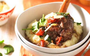 Slow cooked red wine and cranberry lamb shanks