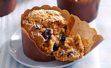 Blueberry, bran and coconut muffins