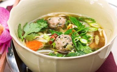 Pho soup with chicken dumplings