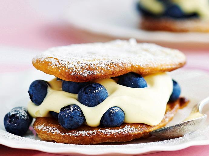 **[Staggeringly easy blueberry custard pastries](https://www.womensweeklyfood.com.au/recipes/blueberry-custard-pastries-23769|target="_blank")**


Sweet, smooth custard and delicate blueberries sandwiches between layers of tender puff pastry make an impressive, yet jaw-dropping simple dessert.