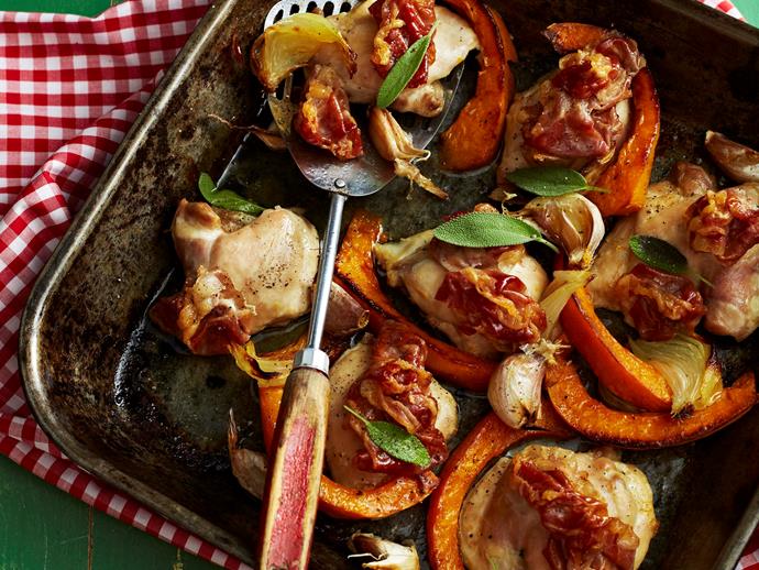 **[Chicken and sage tray bake](https://www.womensweeklyfood.com.au/recipes/chicken-and-sage-tray-bake-27088|target="_blank")**

This simple one-pan chicken bake borrows flavours from the Italian classic veal saltimbocca.